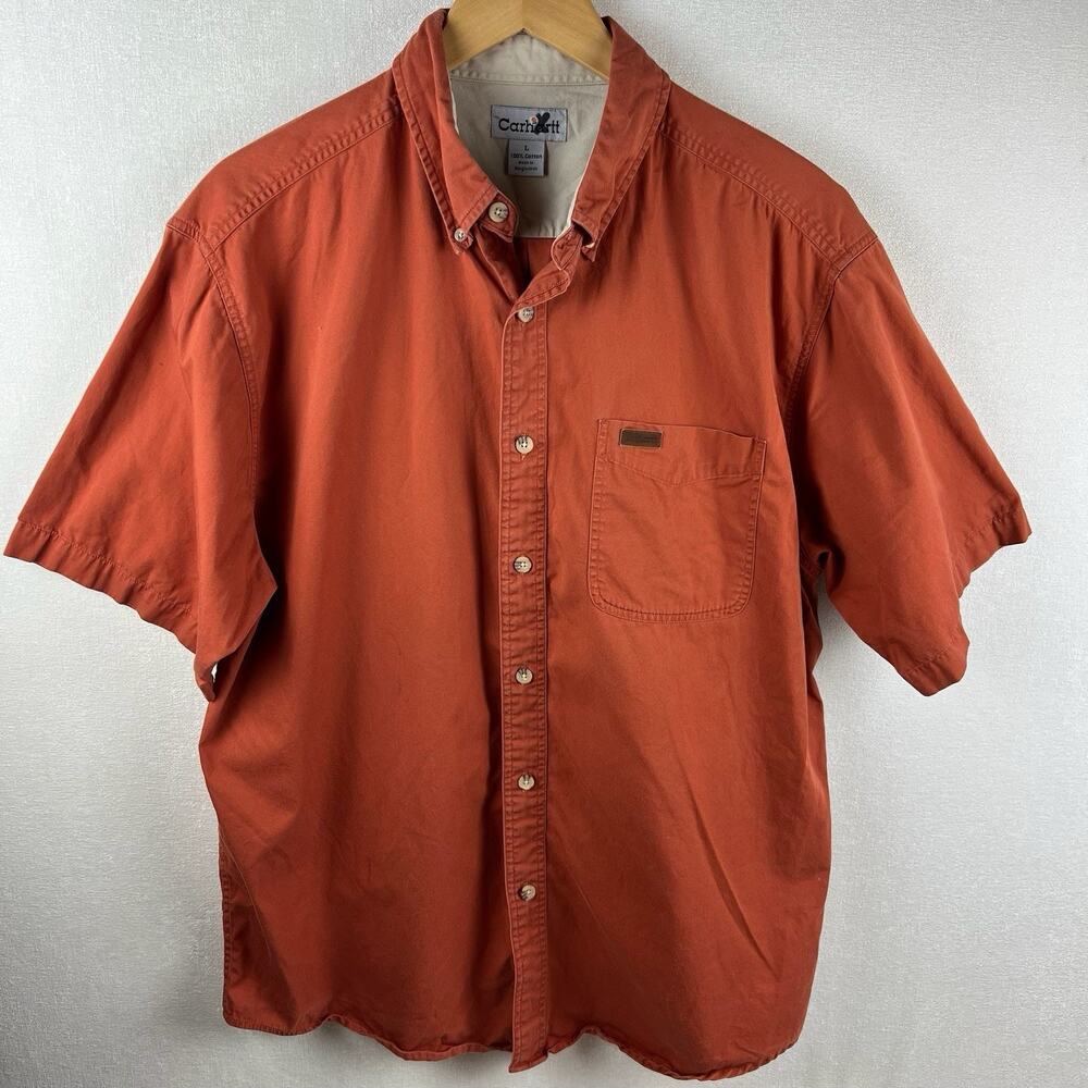 Carhartt Men’s Size L Orange Short Sleeve Cotton Button Down